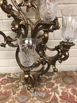 VTG 1978 GOLD SYROCO 5 ARM WALL SCONCE CANDLE HOLDER 35 X 16 X 5 DEEP With5 GLASS