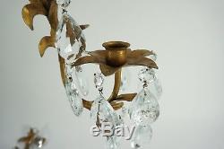 VTG ITALIAN Gilt Metal TOLE Crystal Candle WALL SCONCES Single Candle Holder 19