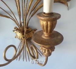 VTG MIDCENTURY REGENCY Gilt Wheat Sheaf Electric Wall Sconce Pair. Double Branch