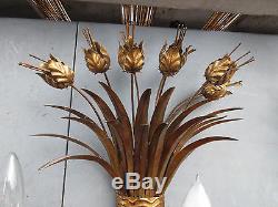 VTG PAIR ITALIAN GOLD GILT TOLE TULIP FLOWER SCONCE WALL LAMPS HOLLYWOOD