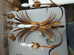 VTG PAIR ITALIAN GOLD GILT TOLE TULIP FLOWER SCONCE WALL LAMPS HOLLYWOOD