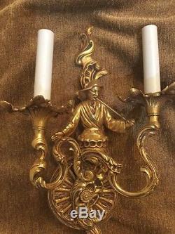 VTG Pair Gilt Brass Metropolitan Asian French Gold Sconce Rococo Wall Sconces