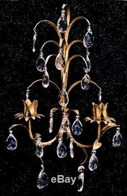 VTG Pair Gold Gilt Wall Candle Sconces with44 Faceted Crystal Prism Drops ITALY