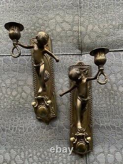 VTG Pair Solid Brass Cherub Candle Holder Wall Sconces 11 Tall Ornate
