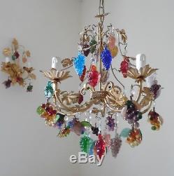 Venetian Fruit Murano Chandelier And Two Sconces Wall Lamps Gold Leaf Metal