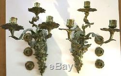 Victorian Bronze Wall Sconce Candelabras /Three Arm Rococo Pair