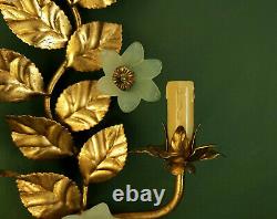 Vintage 1970s Hans Kogl Gold Gilt Florentine Metal Wall Sconces with Glass Flowers
