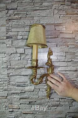 Vintage 1980 pair 1 light louis XV bronze wall sconces gold gilded light lamp