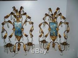 Vintage 2 Italian Gold Gilt Tole Wall Candle Sconces Crystal Hollywood Regency