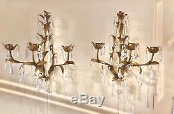 Vintage 2 Italian Gold Gilt Tole Wall Candle Sconces & Crystal Hollywood Regency