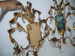 Vintage 2 Italian Gold Gilt Tole Wall Candle Sconces Crystal Hollywood Regency