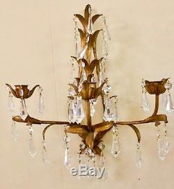 Vintage 2 Italian Gold Gilt Tole Wall Candle Sconces & Crystal Hollywood Regency