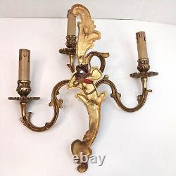 Vintage 3 Arm Candleabra Gold Brass Wall Sconce Italian Hollywood Regency