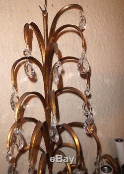 Vintage 5 Arm Italian Gold Gilt Candelabra Sconce Wall Light w Prisms Iron