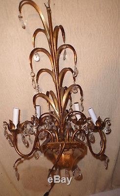 Vintage 5 Arm Italian Gold Gilt Candelabra Sconce Wall Light w Prisms Iron