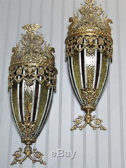 Vintage Antique Huge Art Deco Yellow Bronze Wall Sconce Pair Restored 21.5 Tall