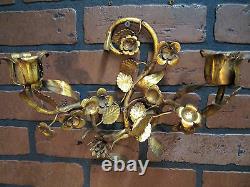 Vintage Antique Italian Gold Gilt Tole Wall Sconce Candle Holder Flowers Leaves