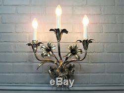 Vintage Antique Italian Tole Wall Sconce 3 Light Silver Gilded Lily Floral 18L