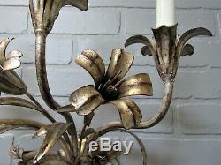 Vintage Antique Italian Tole Wall Sconce 3 Light Silver Gilded Lily Floral 18L