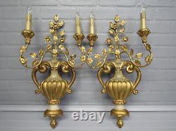 Vintage Antique Large Pair Italian Gold Gilt Flower Urn Wall Sconces 23 tall