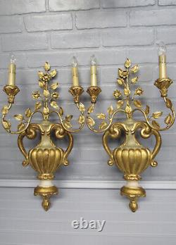 Vintage Antique Large Pair Italian Gold Gilt Flower Urn Wall Sconces 23 tall