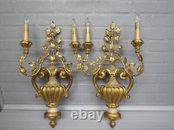 Vintage Antique Large Pair Italian Gold Gilt Flower Urn Wall Sconces 23 tall