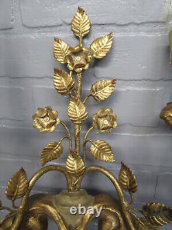 Vintage Antique Large Pair Italian Gold Gilt Flower Urn Wall Sconces 23 tall