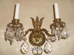Vintage Antique PAIR Spanish Brass Wall Sconces Crystal Prisms Crystal