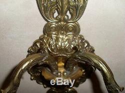 Vintage Antique PAIR Spanish Brass Wall Sconces Crystal Prisms Crystal