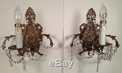 Vintage Antique PAIR Spanish Brass Wall Sconces Hollywood Regency Crystals