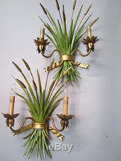 Vintage Antique Pair Gold Gilt Italian Tole Wheat Wall Sconces 20 by 14 Lights