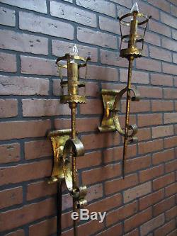 Vintage Antique Pair Gold Gilt Wall Sconces Gothic Spanish Revival 22 Tall