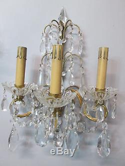 Vintage Antique Pair Italian Gold Gilt Crystal Prism Wall Sconce Lights 16 T