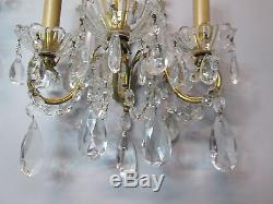 Vintage Antique Pair Italian Gold Gilt Crystal Prism Wall Sconce Lights 16 T