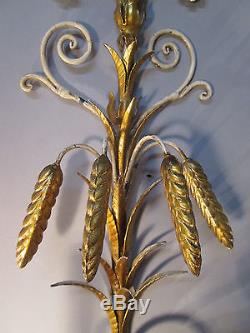 Vintage Antique Pair Italian Tole Wheat Gold Gilt Wall Sconce Lights 22 x 9