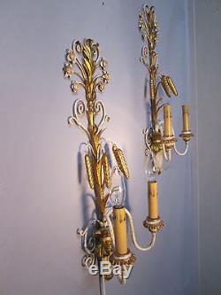 Vintage Antique Pair Italian Tole Wheat Gold Gilt Wall Sconce Lights 22 x 9