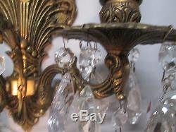 Vintage Antique Pair Spanish Brass Crystal Prism Wall Sconce Lights