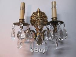 Vintage Antique Pair Spanish Brass Crystal Prism Wall Sconce Lights