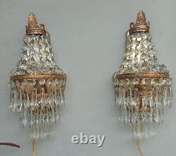 Vintage Antique Pair of French Empire Brass Crystal 1 Light Sconces Wall Lights