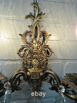 Vintage Antique Spanish Brass Wall Sconce Crystal Prisms Two Arm Sconce 12 1/2