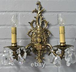 Vintage Antique Spanish Brass Wall Sconce Crystal Prisms Two Arm Sconce 12 1/2