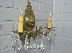 Vintage Antique Spanish Brass Wall Sconces Crystal Prisms 10 1/2 Tall 13 Wide