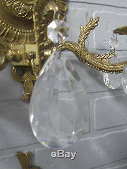 Vintage Antique Spanish Brass Wall Sconces Crystal Prisms 10 1/2 Tall 13 Wide