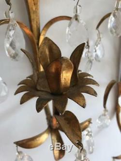 Vintage Antiqued-Gold & Crystal Drop Prisms Wall Sconce Candelabra