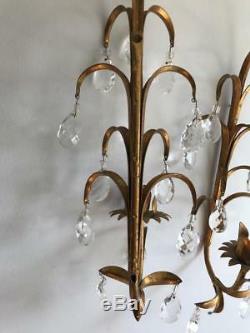 Vintage Antiqued-Gold & Crystal Drop Prisms Wall Sconce Candelabra
