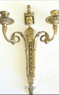 Vintage Art Deco Solid Brass Pair of Candle Wall Sconces Natural Patina