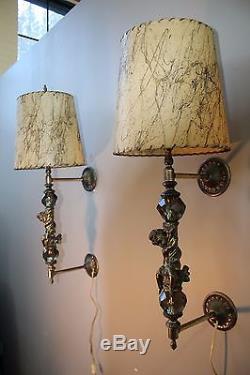 Vintage Brass/Lucite Angel Wall Sconces/Lights Pair Hollywood Regency 29 1/2