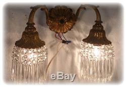 Vintage Bronze & Crystal Pair Wall Sconces c1950 Antique French Style