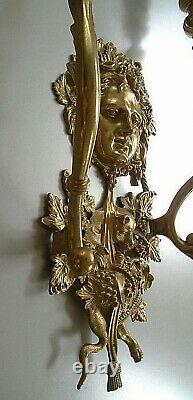 Vintage Bronze Figural Hercules & Dionysus God of Grape Harvest Wall Sconces