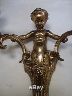 Vintage Cherub Pair Heavy Gold Metal Wall Candle Sconces Figural Gothic Putti